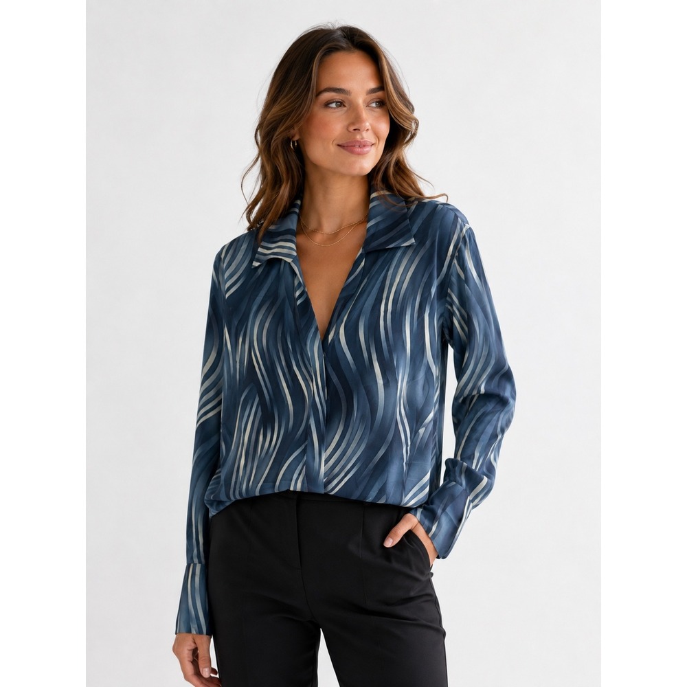 Lafayette 148 New York Blouse Women's 6 Silk Wavy Abstract Print Blue